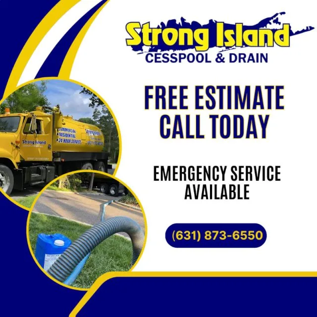 Advertisement for Strong Island Cesspool & Drain offering free estimates and emergency service. Features an image of a service truck and drainage equipment. Contact: (631) 873-6550.